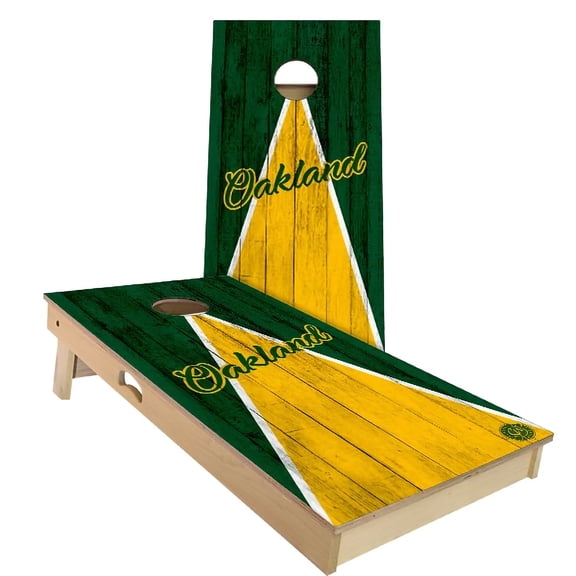 Skip's Garage | Oakland Triangle Baseball Cornhole Board Set | Includes (2) Boards, (8) Bags & Optional Accessories