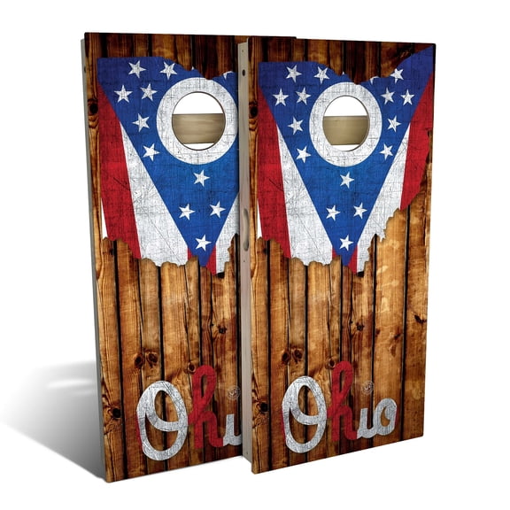 Skip's Garage | Ohio Flag Rustic Wood Cornhole Board Set | Includes (2) Boards, (8) Bags & Optional Accessories