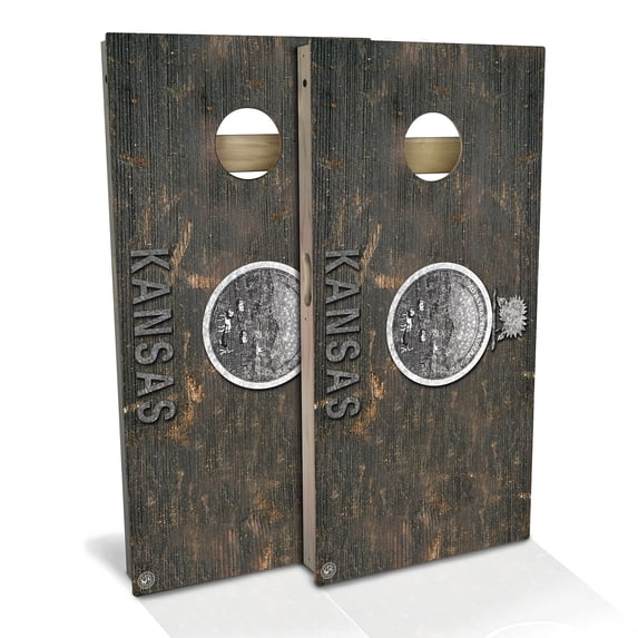 Skip's Garage | Kansas Flag Rustic Cornhole Board Set | Includes Boards & Bags | Choose Your Size & Accessories