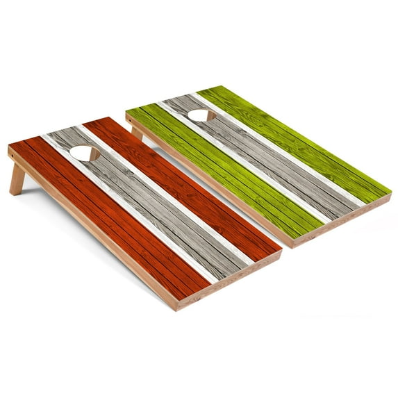 Skip's Garage | Orange and Lime Striped Cornhole Boards | Includes (2) Boards, (8) Bags & Optional Accessories