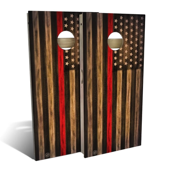 Skip's Garage | Charred Firefighter Thin Red Line Premium 2x4 Cornhole Board Set (24" x 48") | Includes (8) Bags + Various Accessory Options