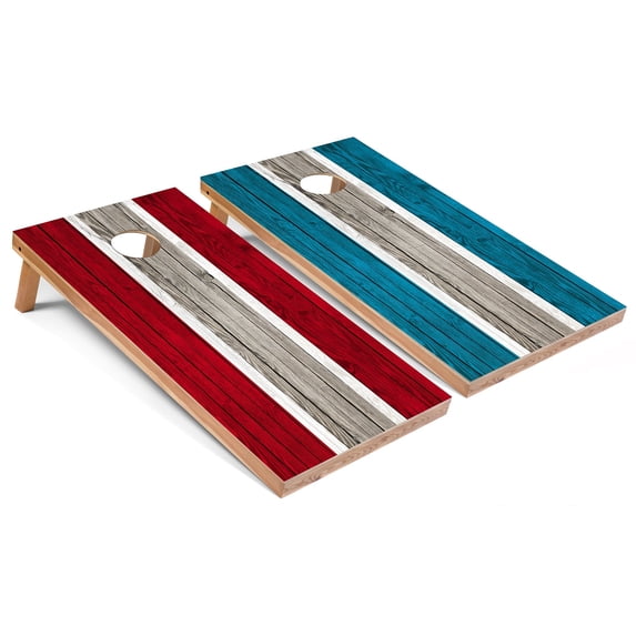 Skip's Garage | Red and Turquoise Striped Cornhole Boards | Includes (2) Boards, (8) Bags & Optional Accessories