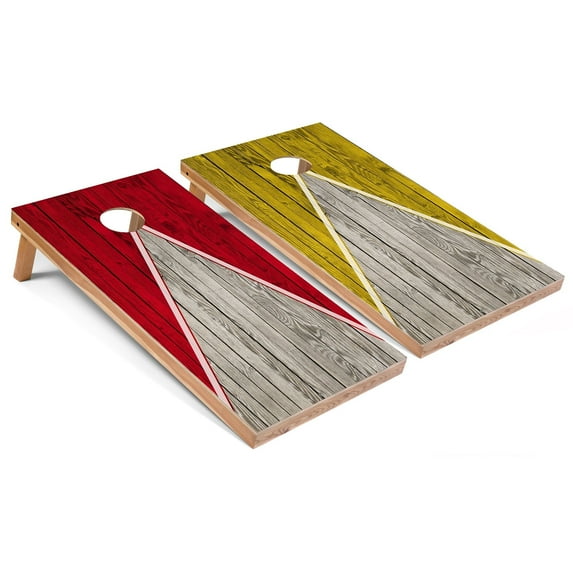 Skip's Garage | Red and Yellow Pyramid Cornhole Boards | Includes (2) Boards, (8) Bags & Optional Accessories