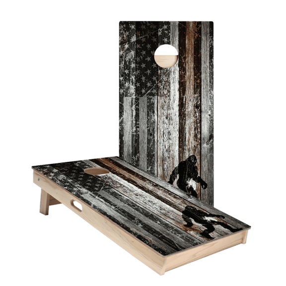 Skip's Garage | Rustic USA Flag Sasquatch Cornhole Boards | Includes (2) Boards + Optional Bags & Accessories