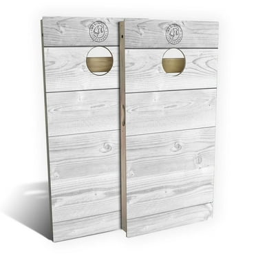 Skip's Garage Rustic White Wood Outdoor Cornhole Board Set Include Hole Lights Backyard 2x4