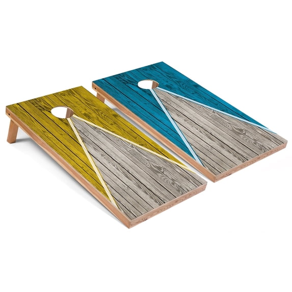 Skip's Garage | Yellow and Turquoise Pyramid Cornhole Boards | Includes (2) Boards, (8) Bags & Optional Accessories