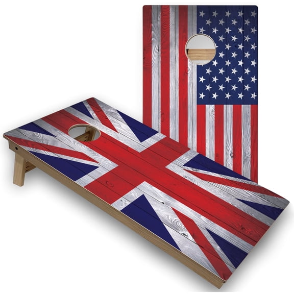 Skip's Garage | UK & USA Flag Cornhole Boards | Includes (2) Boards, (8) Bags & Optional Accessories
