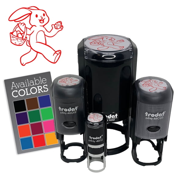 Skipping Easter Bunny Giving Eggs in Basket Self-Inking Rubber Stamp Ink Stamper for Stamping Crafting Planners - 1/2 Inch Mini - Red Ink