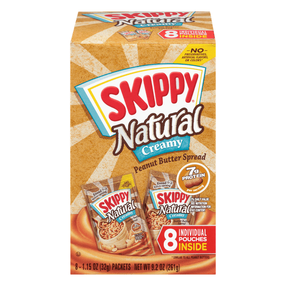 Skippy Natural Creamy Peanut Butter Spread, Individual Squeeze Packs, 8 Pouches, Shelf-Stable, Gluten-Free,  9.2 oz.