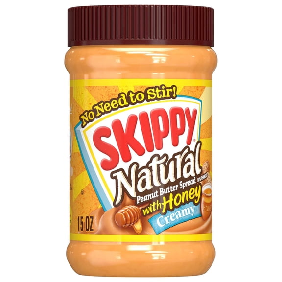 SKIPPY Natural Creamy Peanut Butter Spread with Honey, 6 g Protein Per Serving, Shelf-Stable, 15 oz Plastic Jar