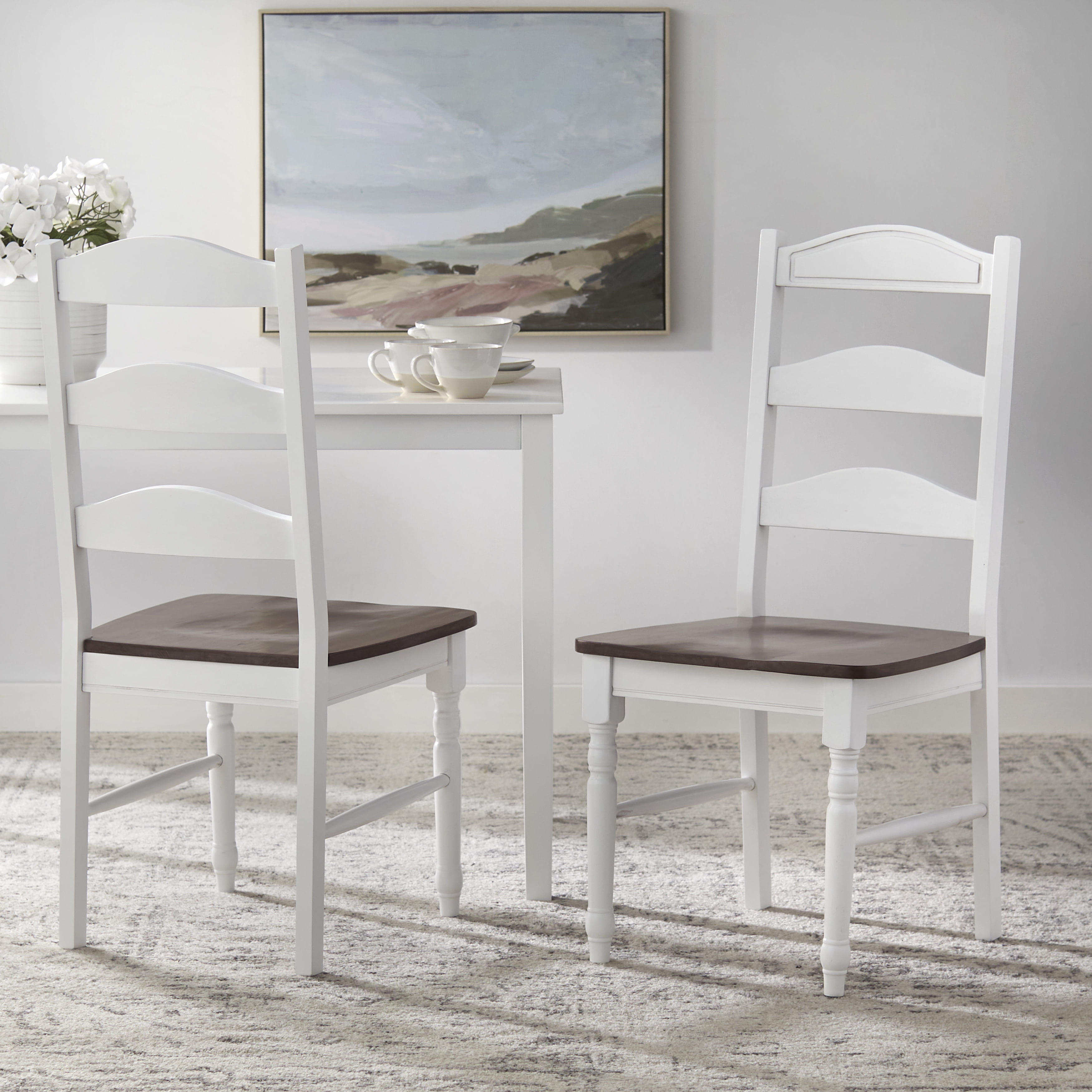 White and Walnut Ladderback Wooden Side Chairs, Set of 2