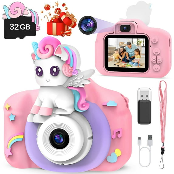 EagleStone Unicorn Kids Digital Camera, 1080P HD Video, 96MP Photo, Dual Lens, Selfie, Games, Frames, 32GB SD, Rechargeable, Pink