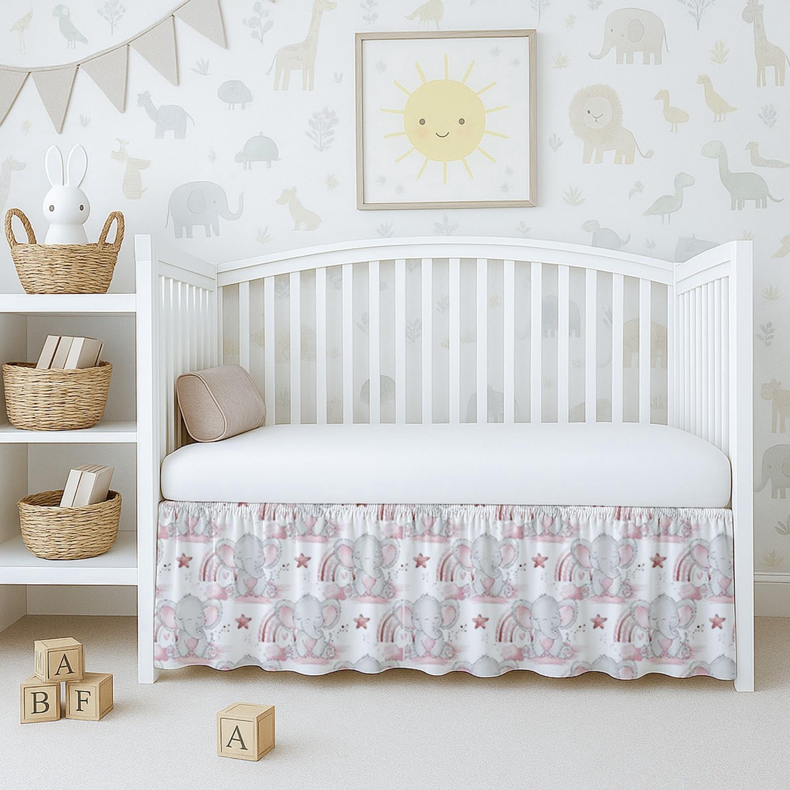 Skirt Dust Ruffle  Soft & Durable Bedding For Or Fits Standard 28" X 52" With 14" Drop Classic Ruffled Design Cute Elephant