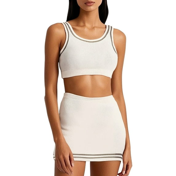 Skirt Set Knitted Color Block Tennis Skirt and Texture Outdoor Sports Suit Womens Summer Outfits White M