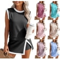 thumbnail image 1 of Skirt Sets Women 2 Piece Outfits Contrast Stripe Crewneck Ribbed Tank Top Split Lined Skirt Tennis Summer Tracksuits Dark Gray XL, 1 of 5