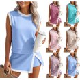 thumbnail image 1 of Skirt Sets Women 2 Piece Outfits Contrast Stripe Crewneck Ribbed Tank Top Split Lined Skirt Tennis Summer Tracksuits Light Blue S, 1 of 5