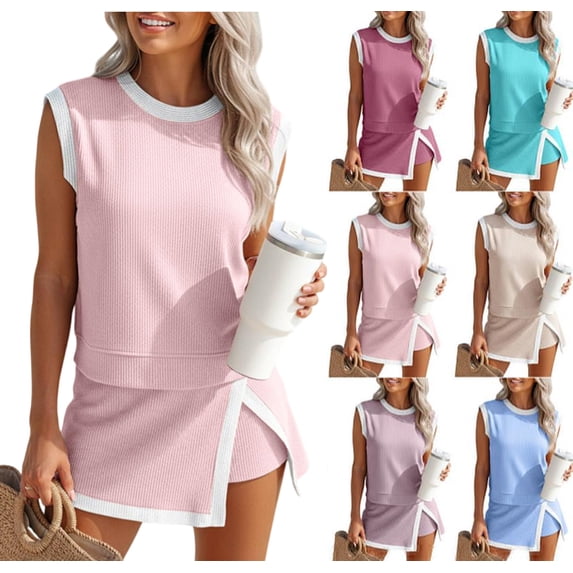 Skirt Sets Women 2 Piece Outfits Contrast Stripe Crewneck Ribbed Tank Top Split Lined Skirt Tennis Summer Tracksuits Pink XL