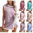thumbnail image 1 of Skirt Sets Women 2 Piece Outfits Contrast Stripe Crewneck Ribbed Tank Top Split Lined Skirt Tennis Summer Tracksuits Purple Pink S, 1 of 5