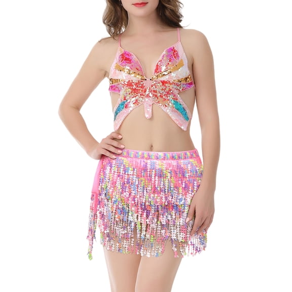 Skirt Sets Women 2 Piece Outfits Sexy Party Beach Sequin Butterfly Strappy Backless Top Fringe Glitter Micro Mini Skirt Pink Free Size