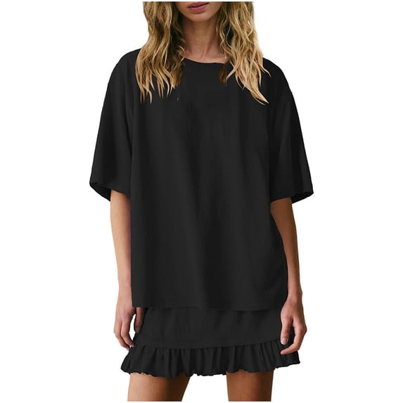 Skirt Sets Women 2 Piece Outfits Two Piece Lounge Set Travel Vacation Outfits Short Sleeve Crewneck Oversized Tee Shirts Ruffle Mini Skirt