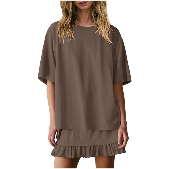 Skirt Sets Women 2 Piece Outfits Two Piece Lounge Set Travel Vacation Outfits Short Sleeve Crewneck Oversized Tee Shirts Ruffle Mini Skirt