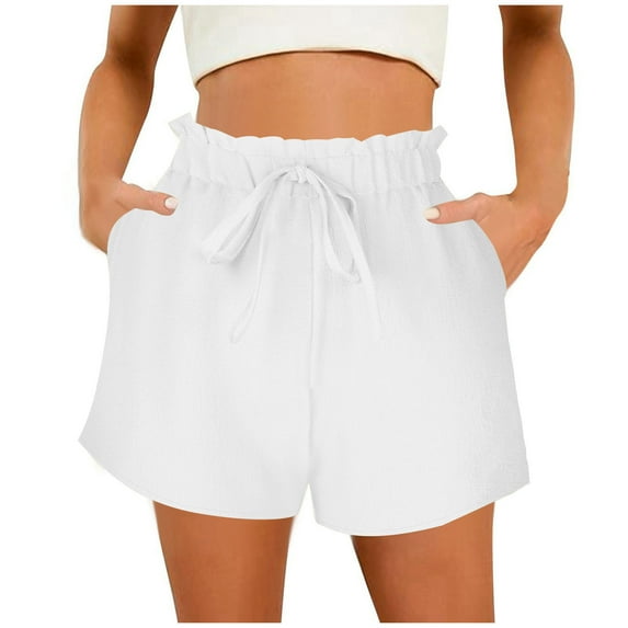 Skirt Shorts for Women Linen Shorts for Women, Summer Casual Wide Leg Short Pants with Pockets, Loose High Waist Drawstring Dressy Beach Shorts White M