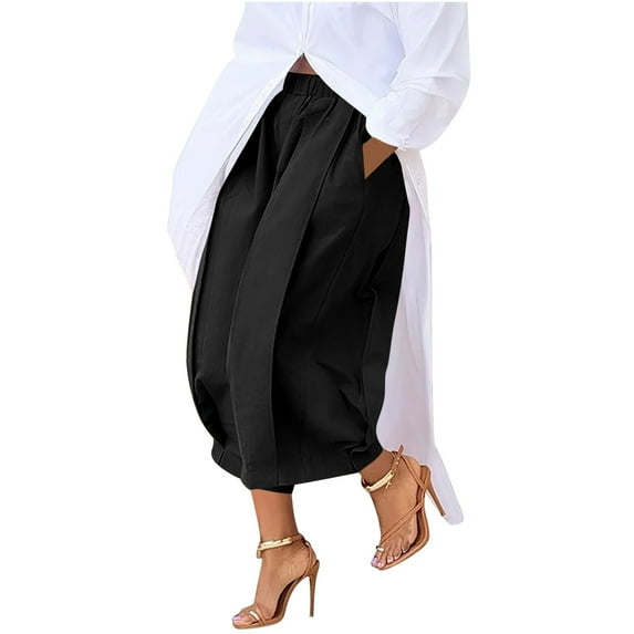 Skirt Shorts for Lady Ladies Mid Waist Pleated Capris with Pocket Lightweight Wide Leg Baggy Cropped Dressy Casual Pants Black L
