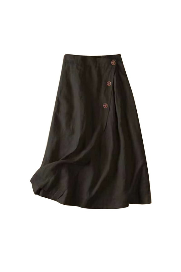 Skirt Shorts for Women Linen Skirts for Women, New Summer a Line Flowy Casual High Waist Button Midi Skirts with Slit, Beach Long Maxi Skirt Black M