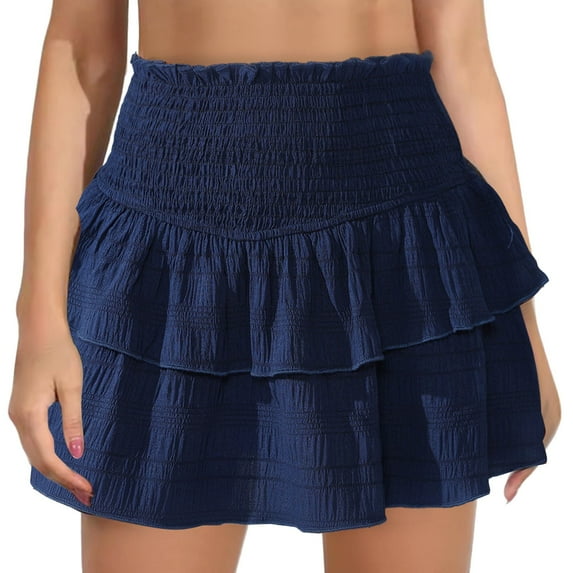 Skirt Shorts for Women Womens High Waist Ruffle Mini Skirt Solid Color Tiered Flowy A-Line Summer Beach Short Skirt Skirt and Top Set Navy M