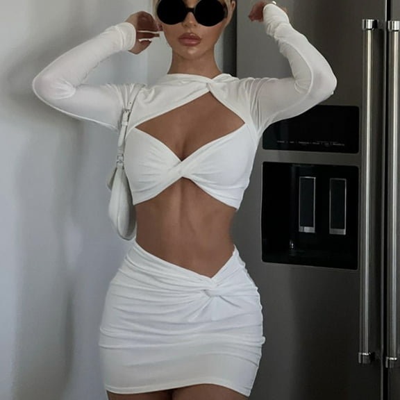 Skirt Suit Womens Long Sleeved Short Skirt Hollowed Out Sexy Kink Top Plus Kink Half Skirt Girl Clothes Women'S Two Piece Set,White Women'S Blended Casual Skirt L