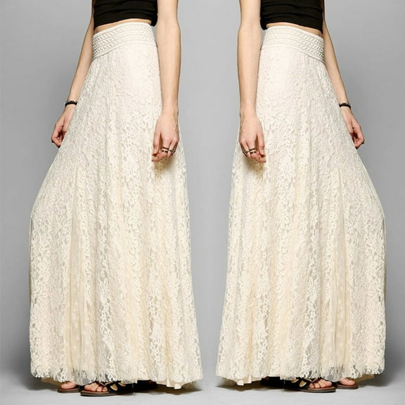 Skirt Women Lace Double Layer Pleated Long Maxi Skirt Elastic Waist Skirt