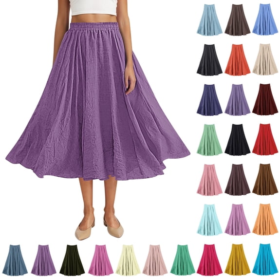 Skirt for Women Casual Plus Size Skirts Summer Large Solid Womens Skirts Elastic Waist Flax A-line Ankle Skirt for Women Long, Dark Purple