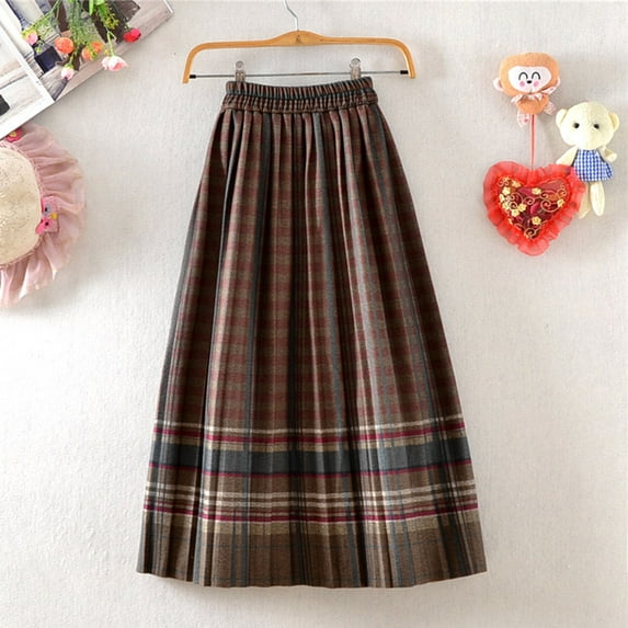Skirt for Women Clearance under $5.00 High-Waist Plaid Wool Blend Skirt with Elastic Waist Knee-Length Pleated Skirt Khaki M