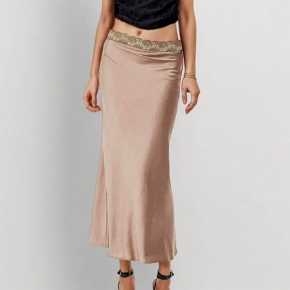 Skirt for Women Clearance under $5.00 Lace Waist Satin Skirt Summer Solid Color Elegant A-Line Skirt Khaki M