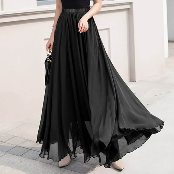 Skirt for Women Clearance under $5.00 Solid Color High-Waist Elastic Waist Layered Beach Skirt Black M