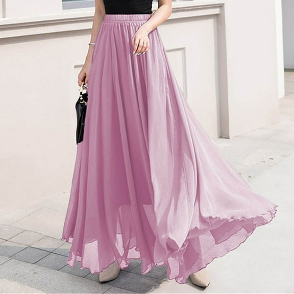 Skirt for Women Clearance under $5.00 Solid Color High-Waist Elastic Waist Layered Beach Skirt Hot Pink M