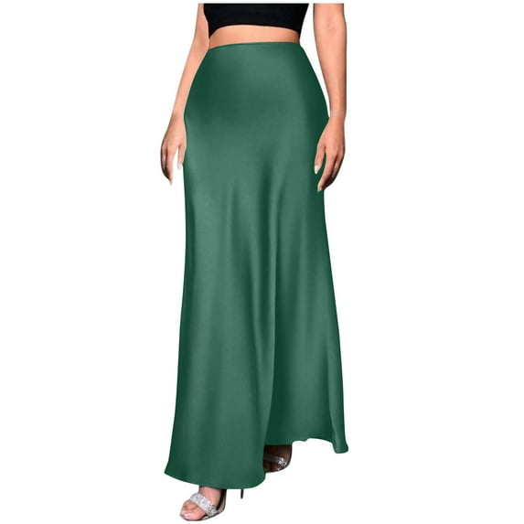 Skirt for Women Clearance under $5.00 Solid Color Satin A-Line Skirt with Hidden Zipper Elegant Midi Skirt Army Green XS