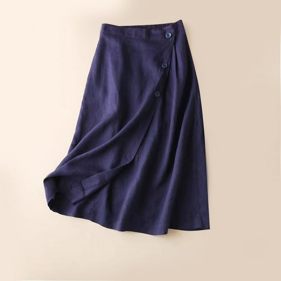 Skirt for Women Cotton Linen Elastic Waist Maxi Skirt Summer Casual Flowy Skirt Navy XXL