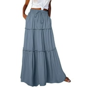 SKPBLUTN Skirt for Women Long Boho Flowers High Elastic Waist With Pockets And Belt Maxi Skirt Pleated Skirt Beach Skirt Casual Skirt