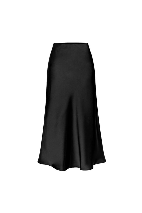 Satin High Waisted Midi Skirt Elastic Waistband Side Slit A Line Wedding Casual Skirts for Women Black XL