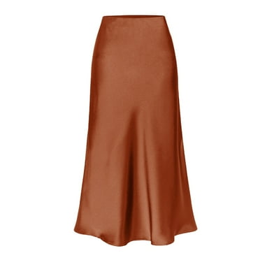 Skirt for Women Midi Length High Waist Silk Satin Elasticized Cheetah Casual Ladies Skirts Brown S