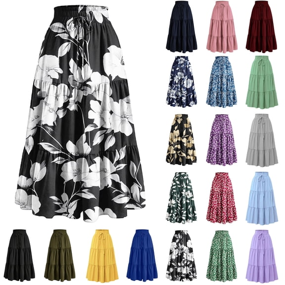 Skirt for Women Summer Casual High Waist Drawstring Maxi Skirts Trendy A-Line Floral Long Skirts with Pockets S-2XL