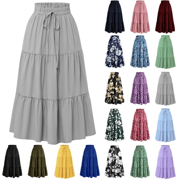 Skirt for Women Summer Casual High Waist Drawstring Maxi Skirts Trendy A-Line Solid Color Long Skirts with Pockets S-2XL