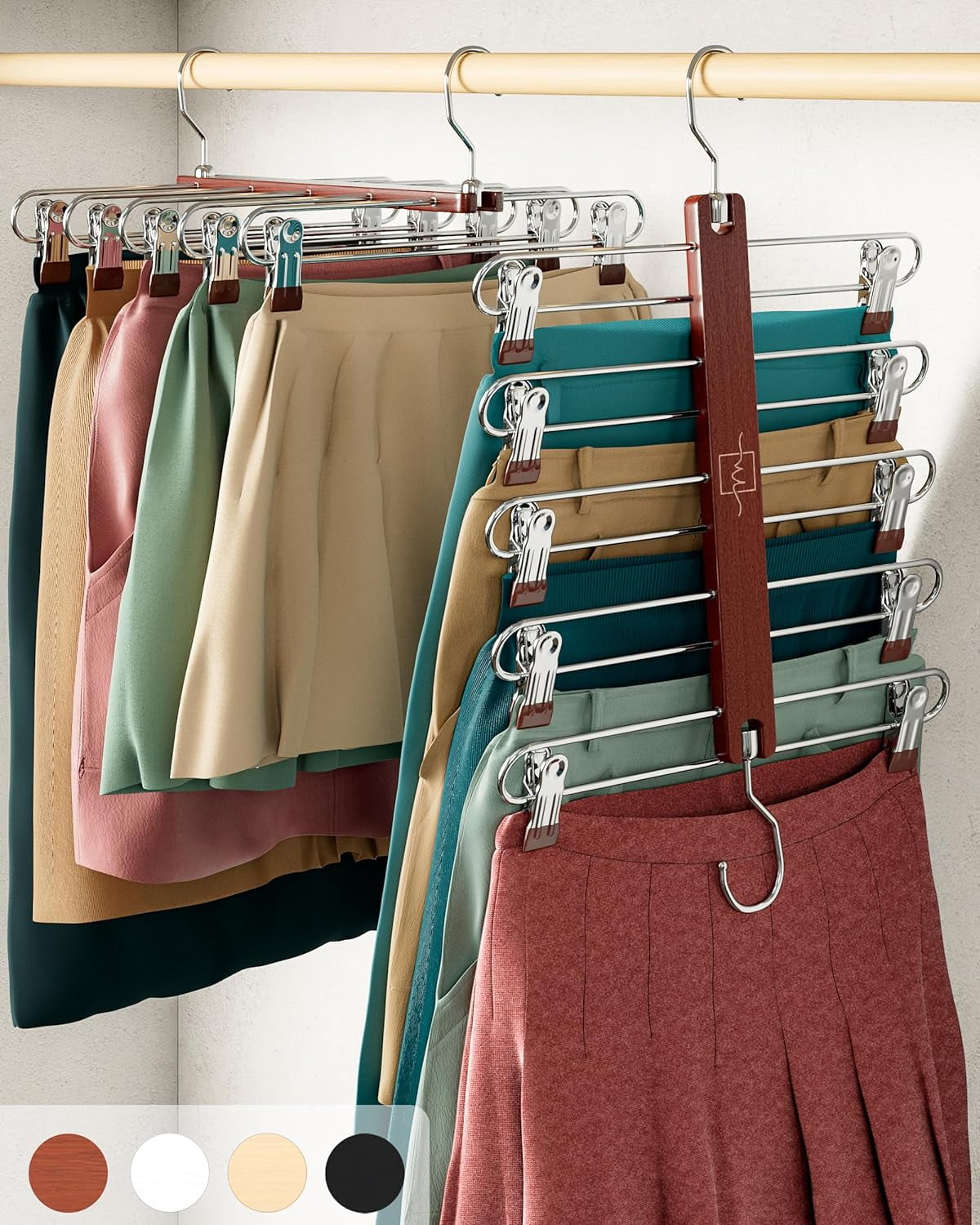 Skirt Hangers Space Saving with Clips - 2 Pack - European Beechwood 5-Tier Hanger for Shorts, Skirts, and Pants - Closet Organizer and Storage Solution for Women with 360 °   Swivel Hook