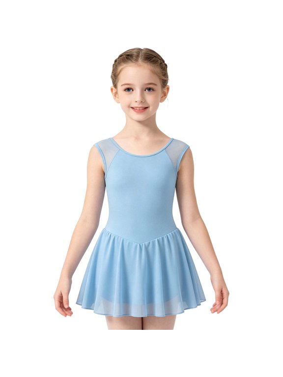 Skirted Ballet Leotards for Girls Sleeveless Crew Neck, Solid Color Lightweight Chiffon Ballet Practice Dress Young Dancers Summer Blue 13-14 Years