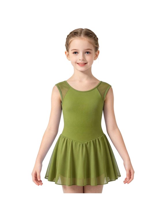 Skirted Ballet Leotards for Girls Sleeveless Crew Neck, Solid Color Lightweight Chiffon Ballet Practice Dress Young Dancers Summer Green 11-12 Years