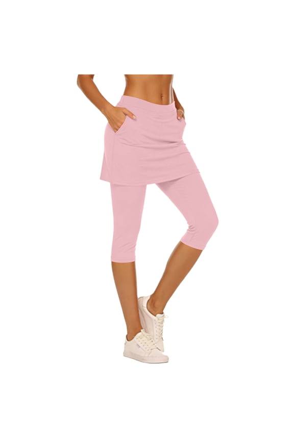 Skirted Capri Leggings for Women with Pockets High Waisted Stretchy Yoga Workout Pants Soft Gym Capris (2XL, Pink)