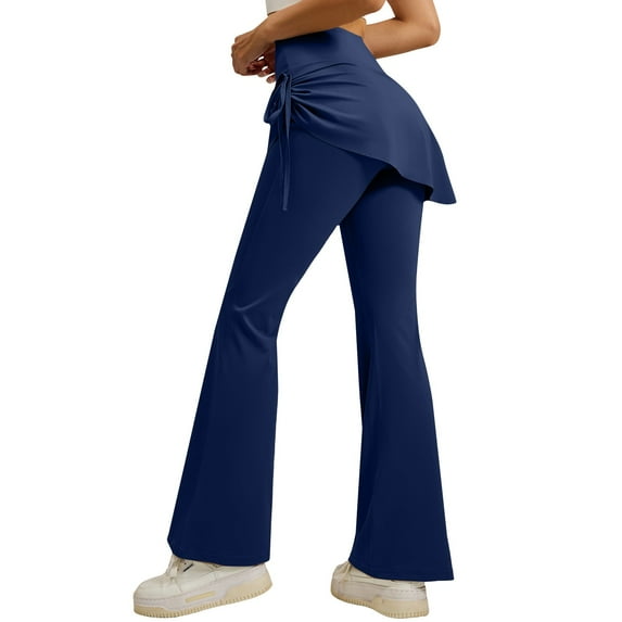 Skirted Leggings for Women, Audhol Women's Ruffled Midi Leggings with Pockets High Waist Butt Lifting High Elasticity Yoga Pants Leggings with Skirt Dark Blue S