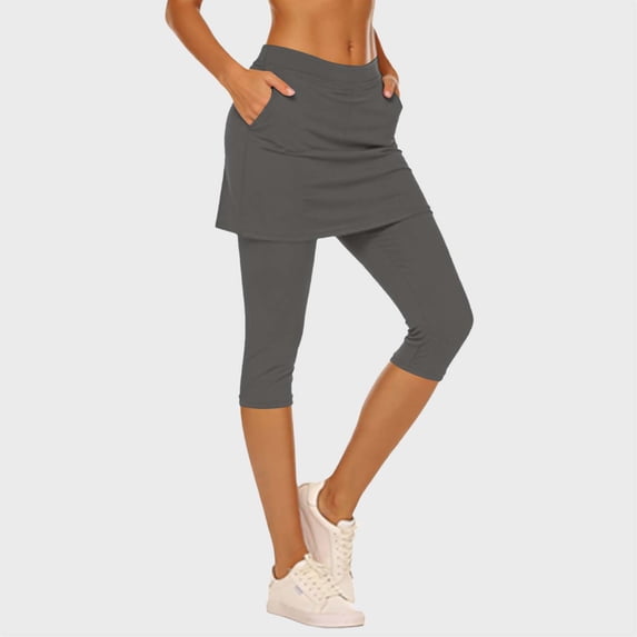Skirted Leggings for Women Capri Length High Waisted Yoga Pants Athletic Stretchy Skorts with Pockets Tennis Running Gym Workout Outfits