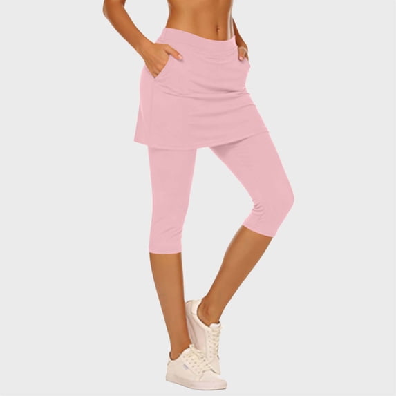 Skirted Leggings for Women Capri Length High Waisted Yoga Pants Athletic Stretchy Skorts with Pockets Tennis Running Gym Workout Outfits